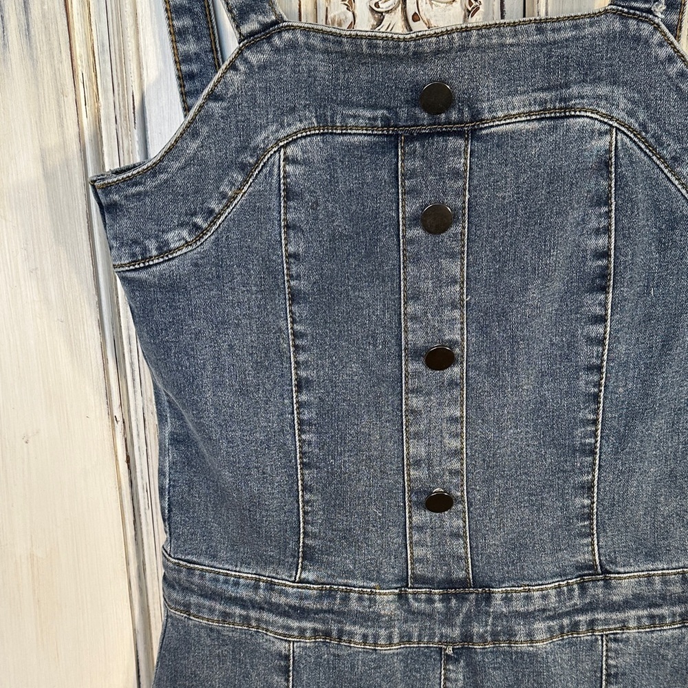 Retro Groovy Medium Wash Denim Strap Jumpsuit - Picture 5 of 13